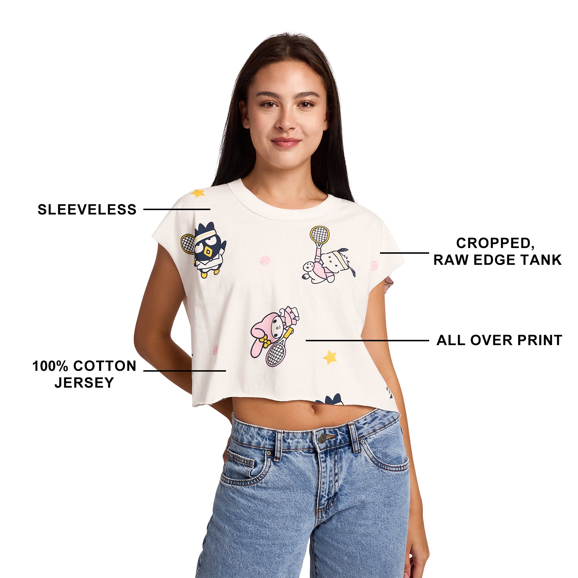 Hello Kitty & Friends Repeat Characters Women's White Raw Hem Cropped Tank