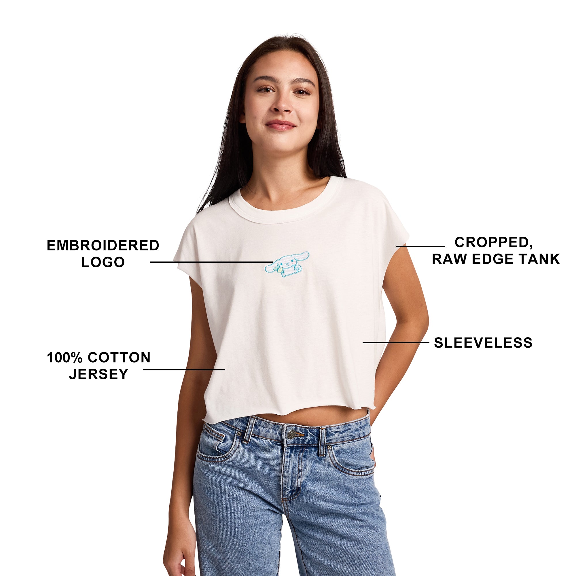 Cinnamoroll Embroidered Character Women's White Raw Hem Cropped Tank