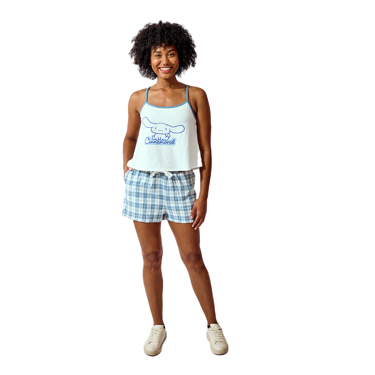Cinnamoroll Women's 2-pack White A-Line Cami & Blue Buffalo Plaid Woven Lounge Shorts Sleep Set