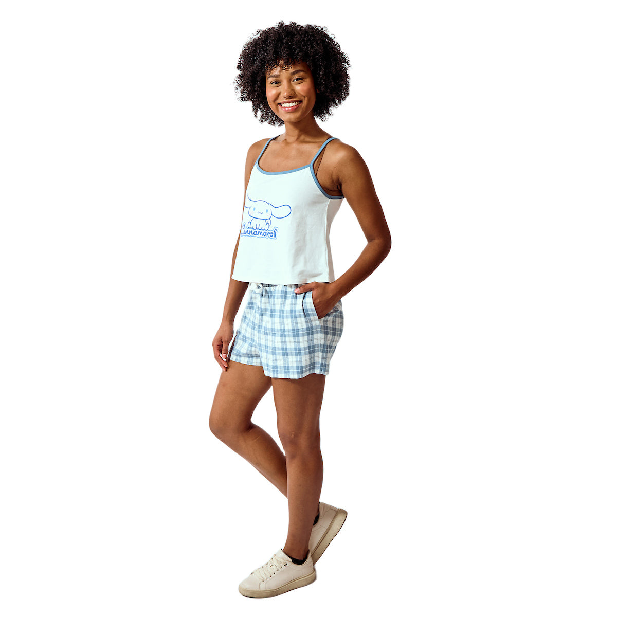 Cinnamoroll Women's 2-pack White A-Line Cami & Blue Buffalo Plaid Woven Lounge Shorts Sleep Set