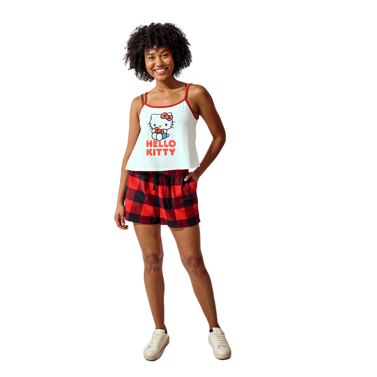 Hello Kitty Women's 2-pack White A-Line Cami & Red Buffalo Plaid Woven Lounge Shorts Sleep Set