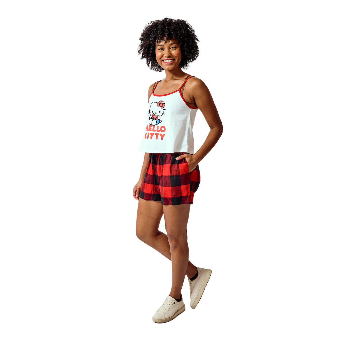 Hello Kitty Women's 2-pack White A-Line Cami & Red Buffalo Plaid Woven Lounge Shorts Sleep Set