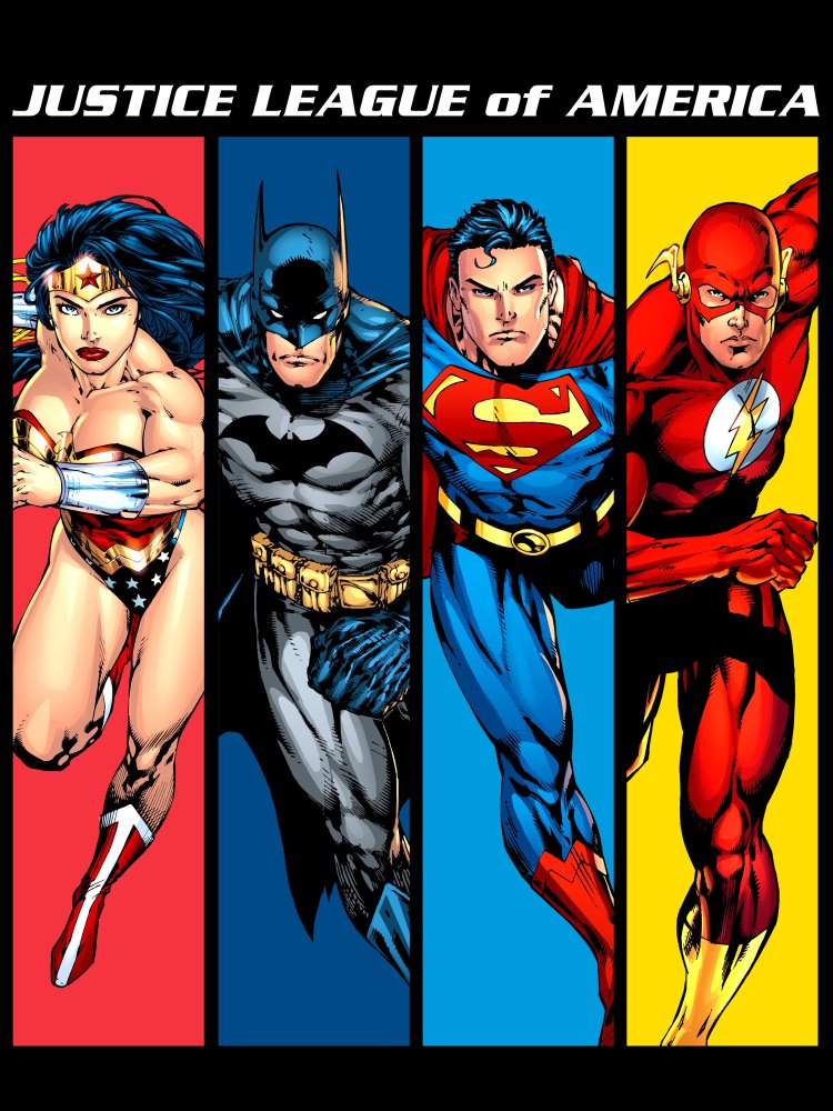 Justice League Wonder Woman, Batman, Superman, Flash Portrait Men's Black T-Shirt