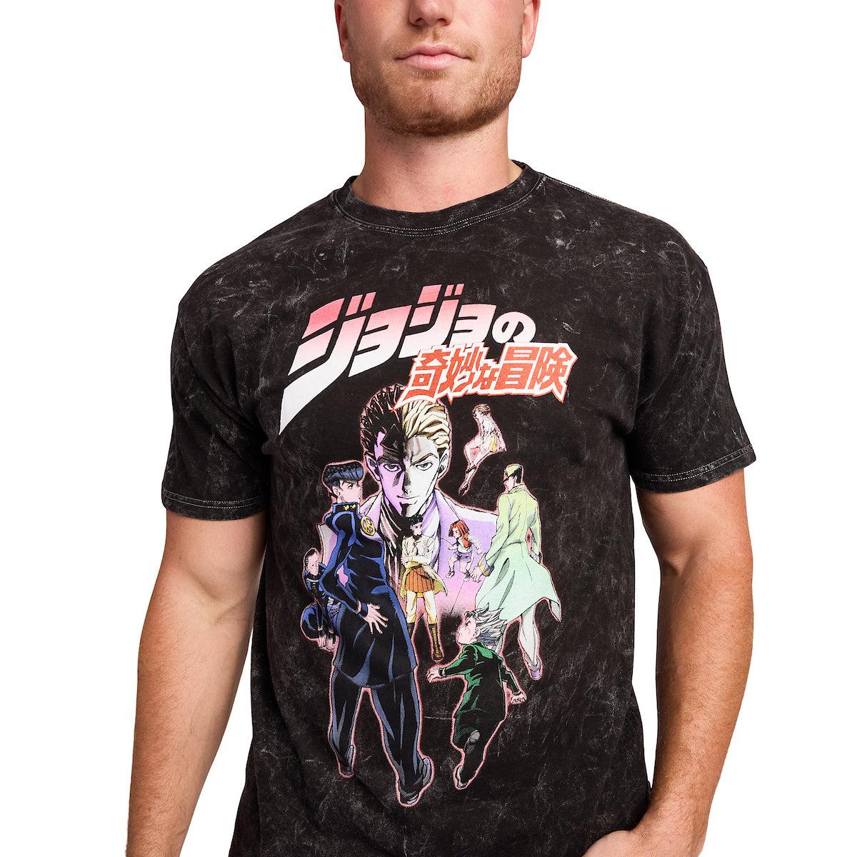 Jojo's Bizarre Adventure Group Shot Logo Text Adult Black Mineral Wash Crew Neck Short Sleeve T-shirt