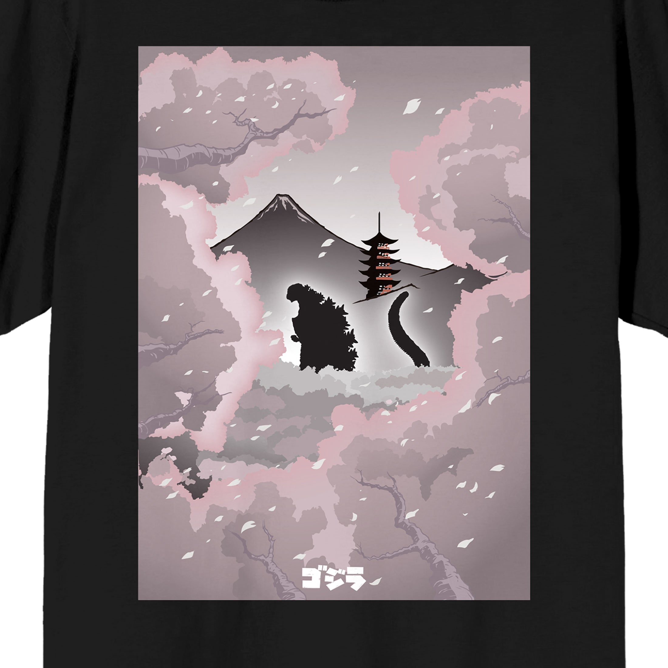 Godzilla Classic Monster Silhouette and Cherry Blossoms Across Mt. Fuji Adult Black Short Sleeve Tee