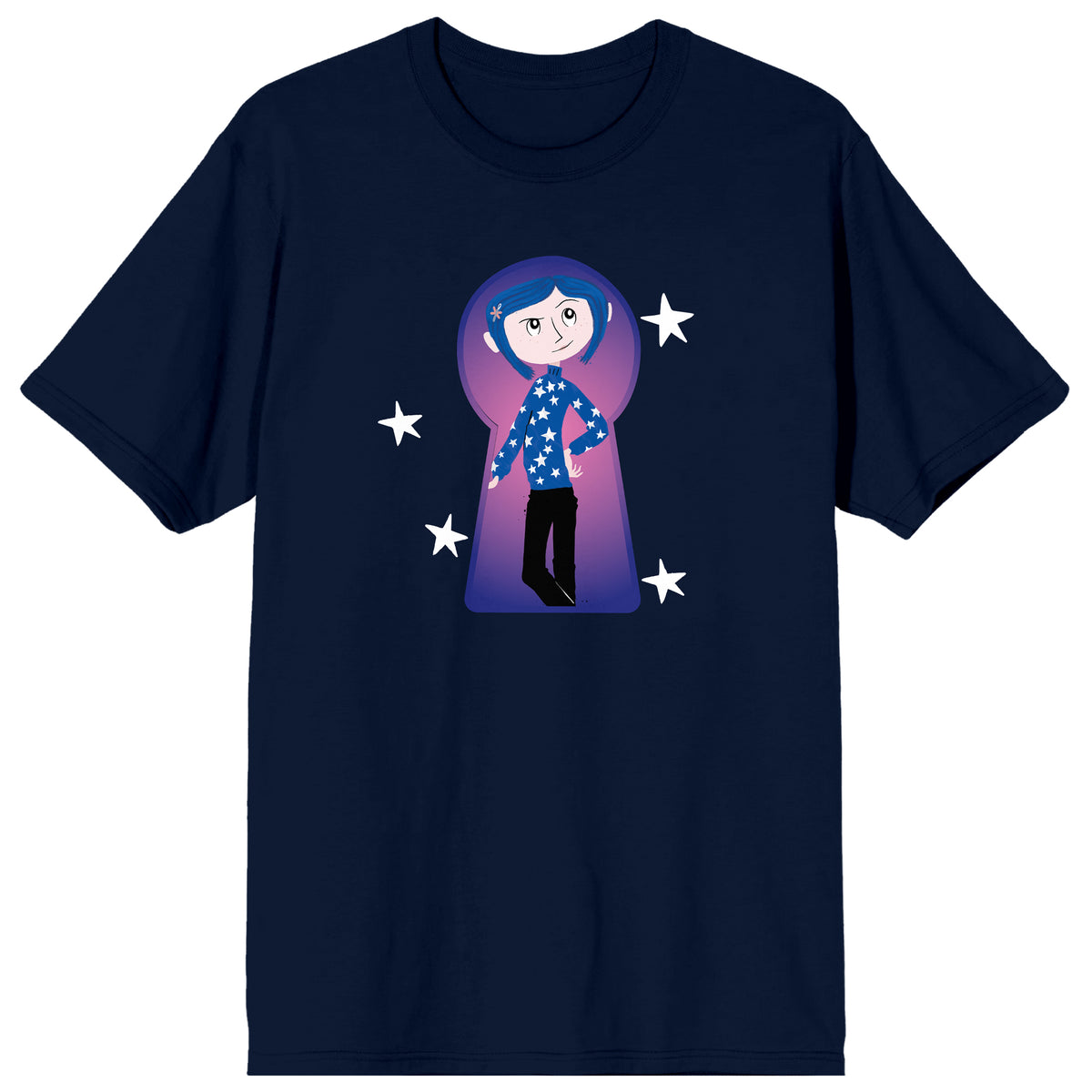 Coraline Coraline in Key Hole Frame White Stars on Navy Ground Adult Crew Neck Short Sleeve T-shirt