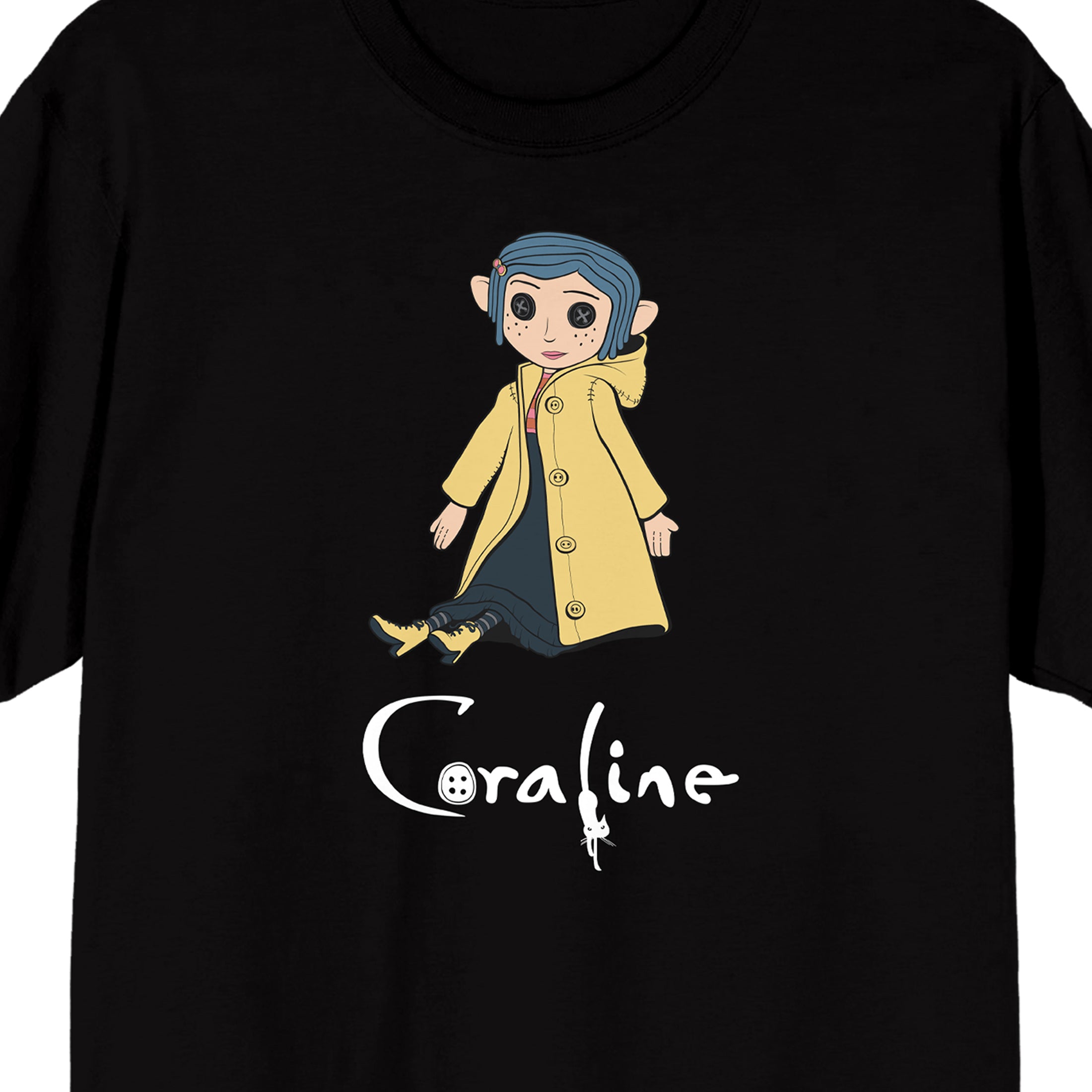 Coraline Doll Logo Adult Black Crew Neck Short Sleeve T-shirt