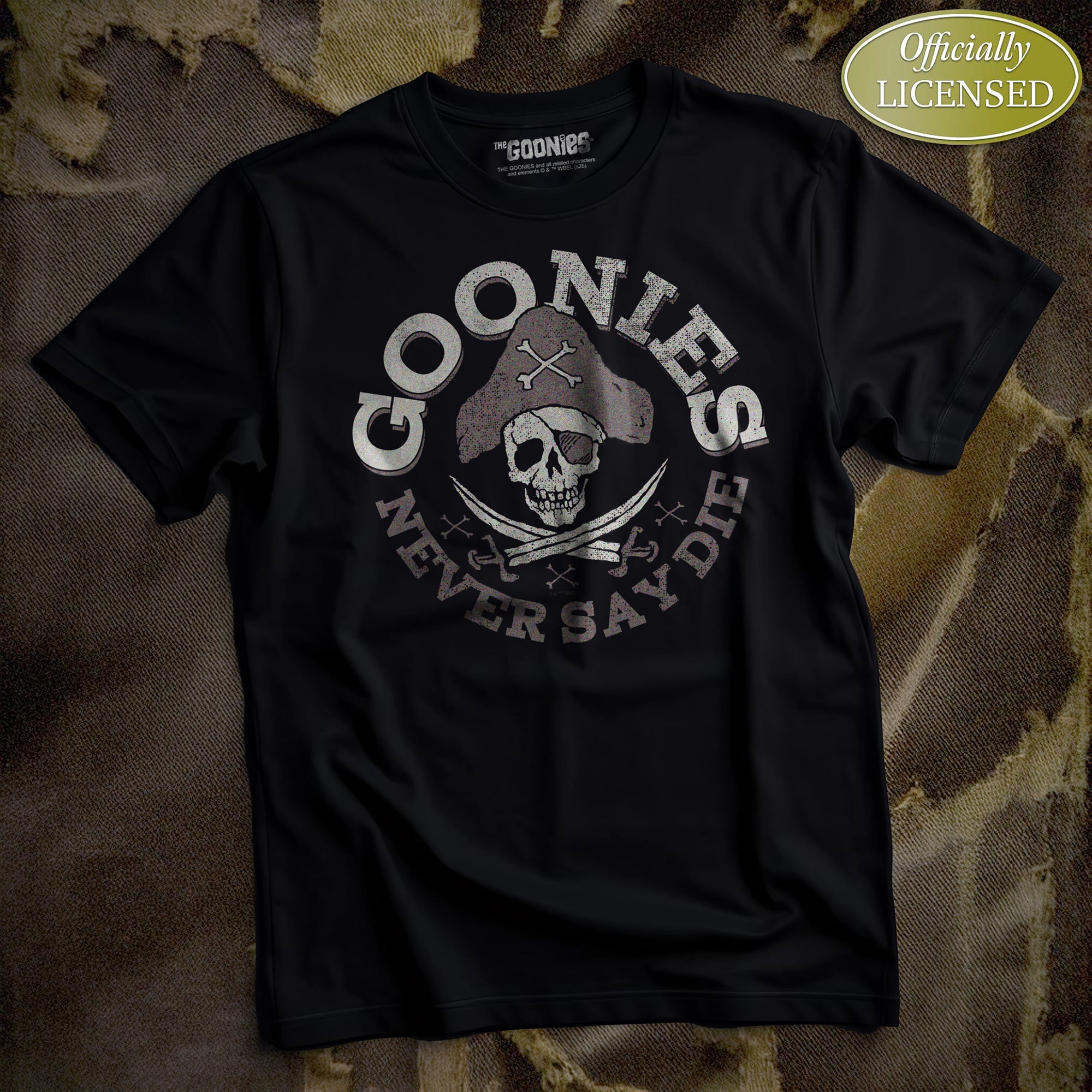 The Goonies Pirate Flag Never Say Die Adult Black Crew Neck Short Sleeve T-shirt