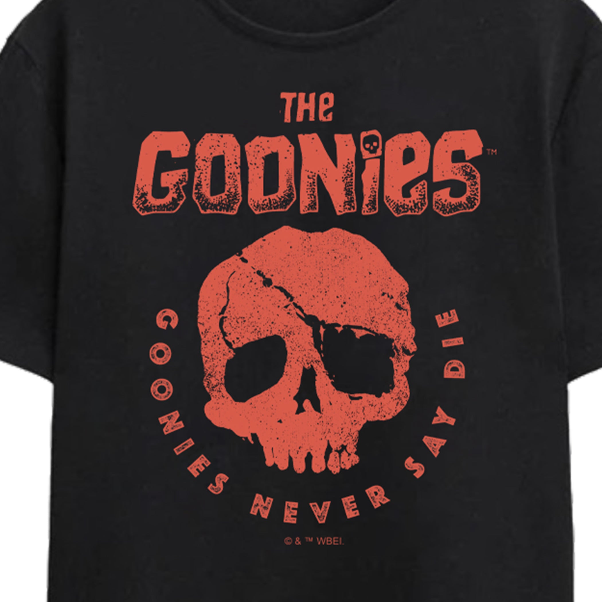 Goonies Skull Never Say Die Adult Black Crew Neck Short Sleeve T-shirt