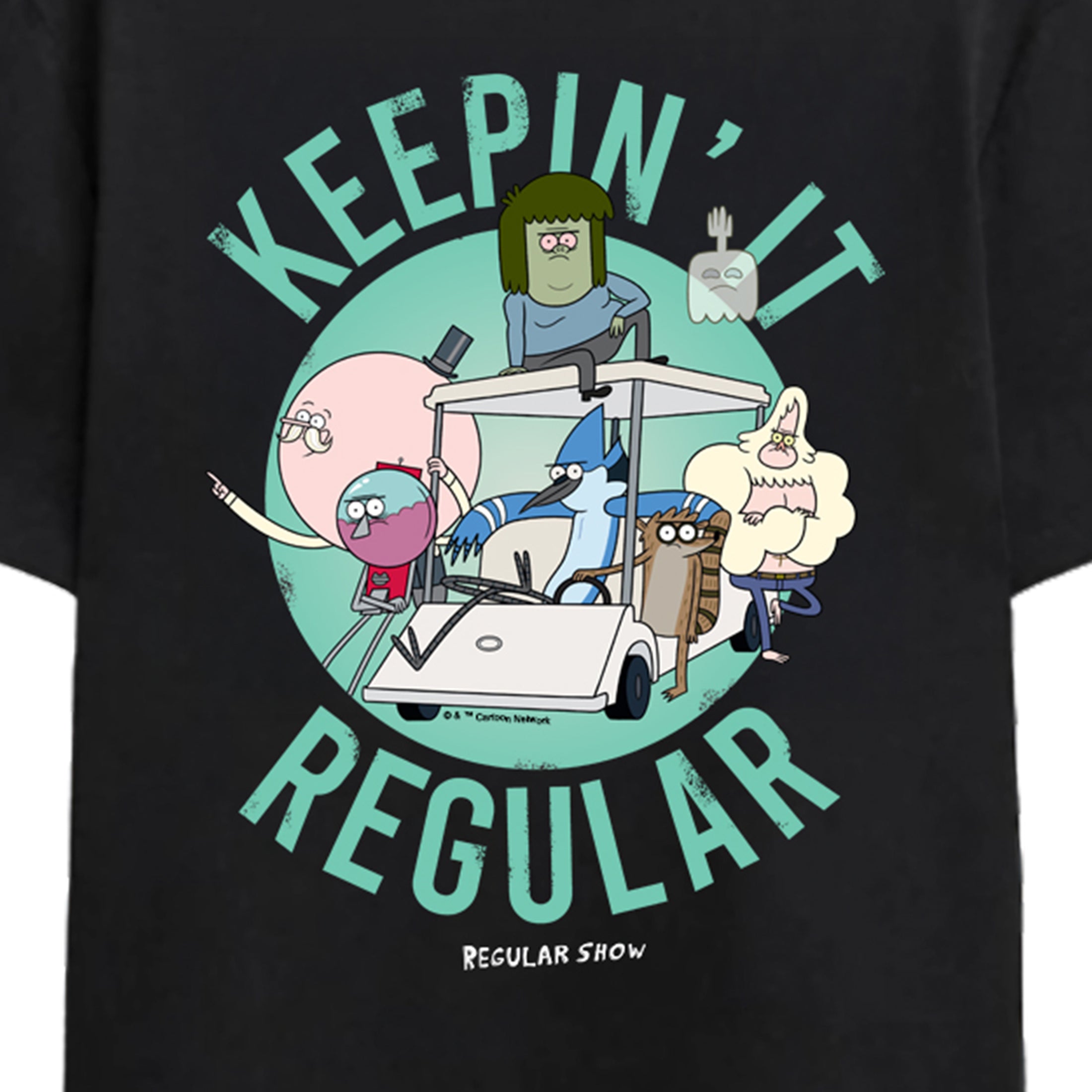 Regular Show Keepin It Regular Golf Cart Crew on Black Adult Crew Neck Short Sleeve T-shirt