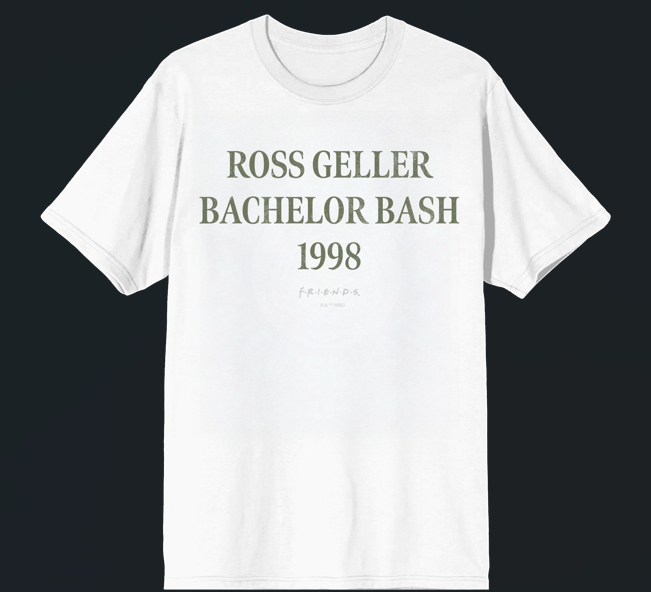 Friends TV Ross Geller Bachelor Bash 1998 Adult White Crew Neck Short Sleeve T-shirt