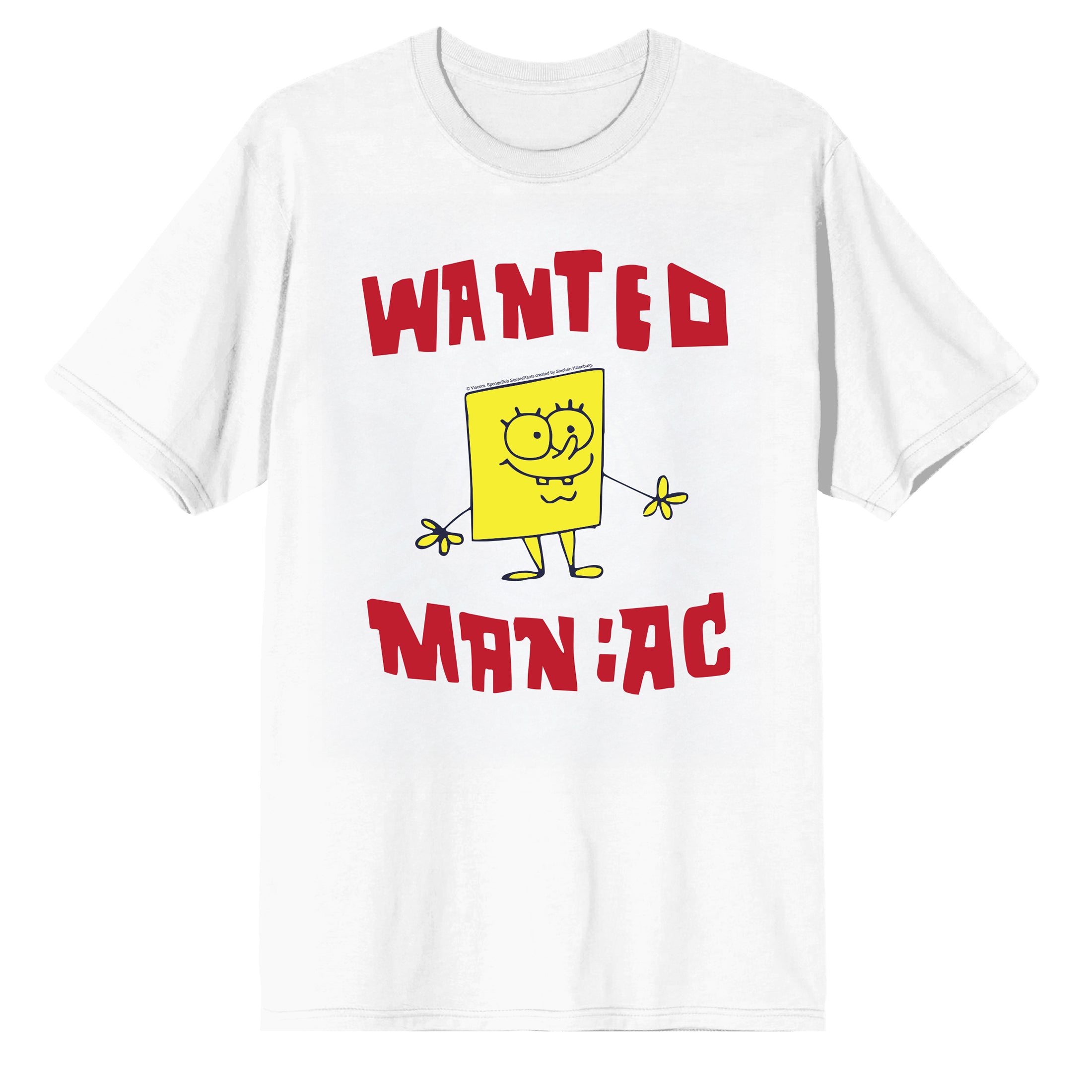 Spongebob Squarepants Wanted Maniac on White Short Sleeve Adult T-Shirt