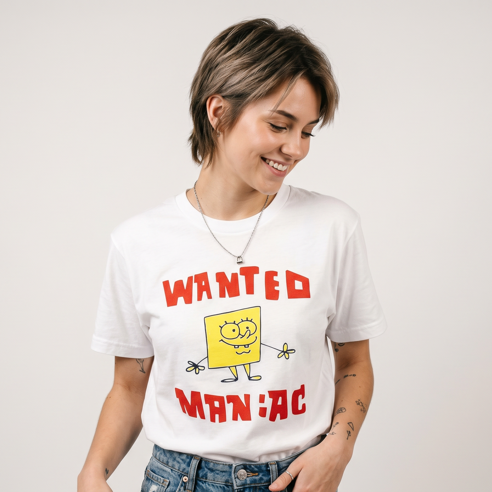 Spongebob Squarepants Wanted Maniac on White Short Sleeve Adult T-Shirt