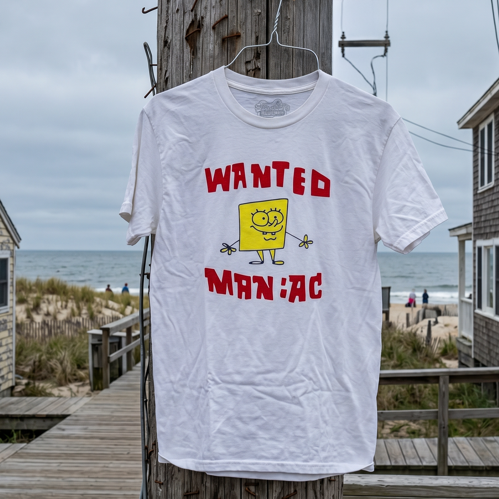 Spongebob Squarepants Wanted Maniac on White Short Sleeve Adult T-Shirt