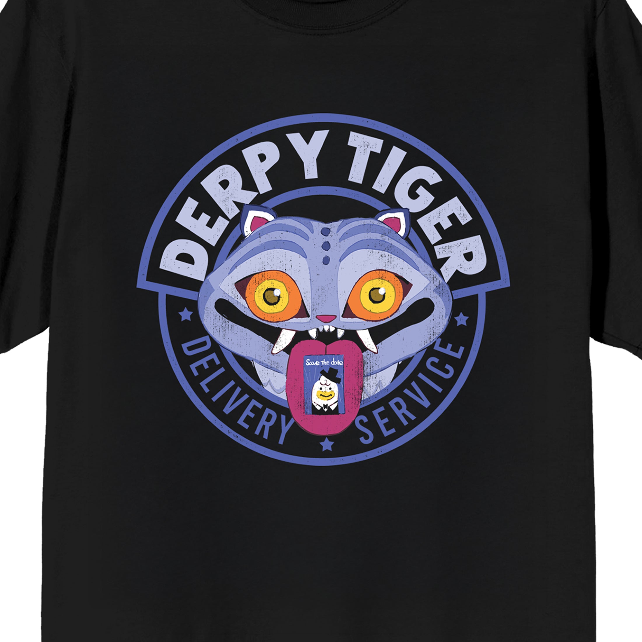 KPop Demon Hunters Derpy Tiger Delivery Service Adult Black Crew Neck Short Sleeve T-shirt
