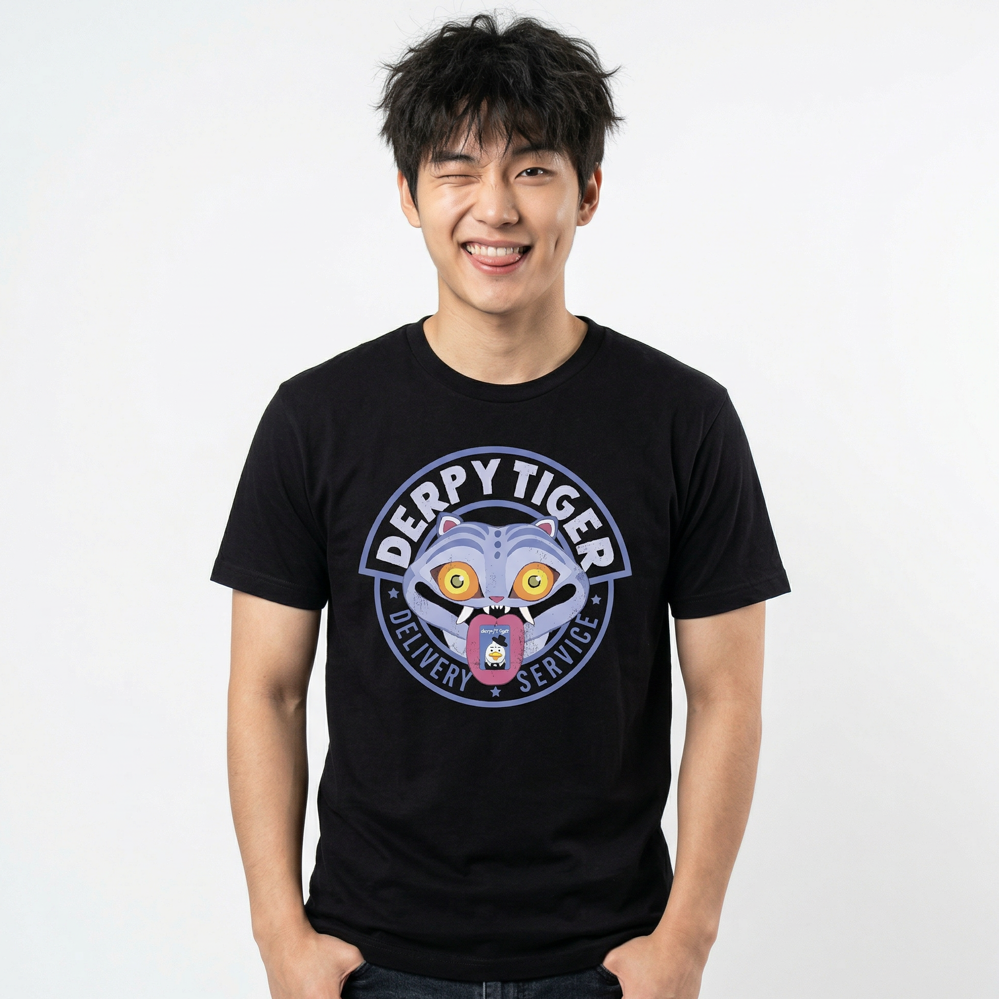 KPop Demon Hunters Derpy Tiger Delivery Service Adult Black Crew Neck Short Sleeve T-shirt