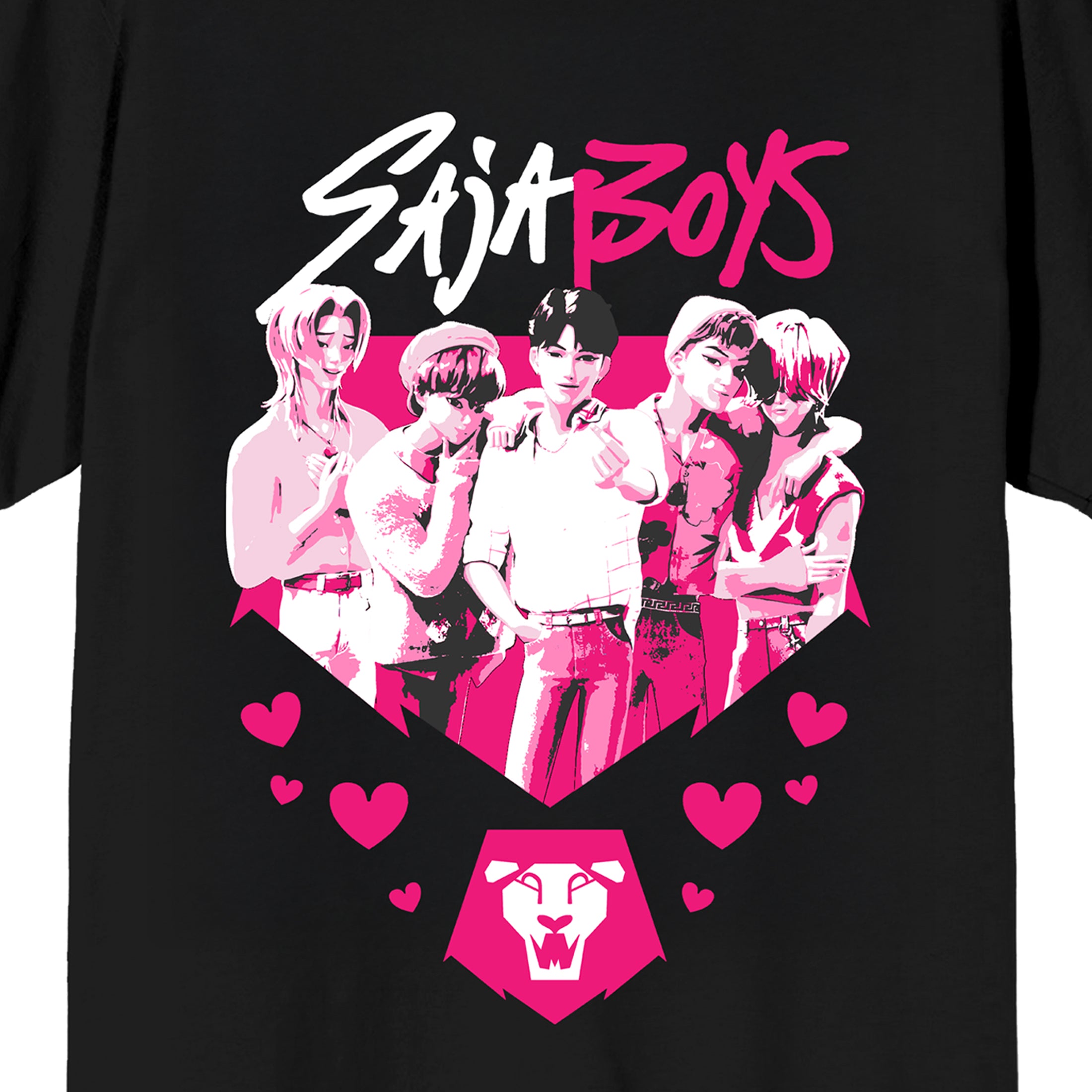 KPop Demon Hunters Saja Boys Pink and White on Black Short Sleeve Adult T Shirt
