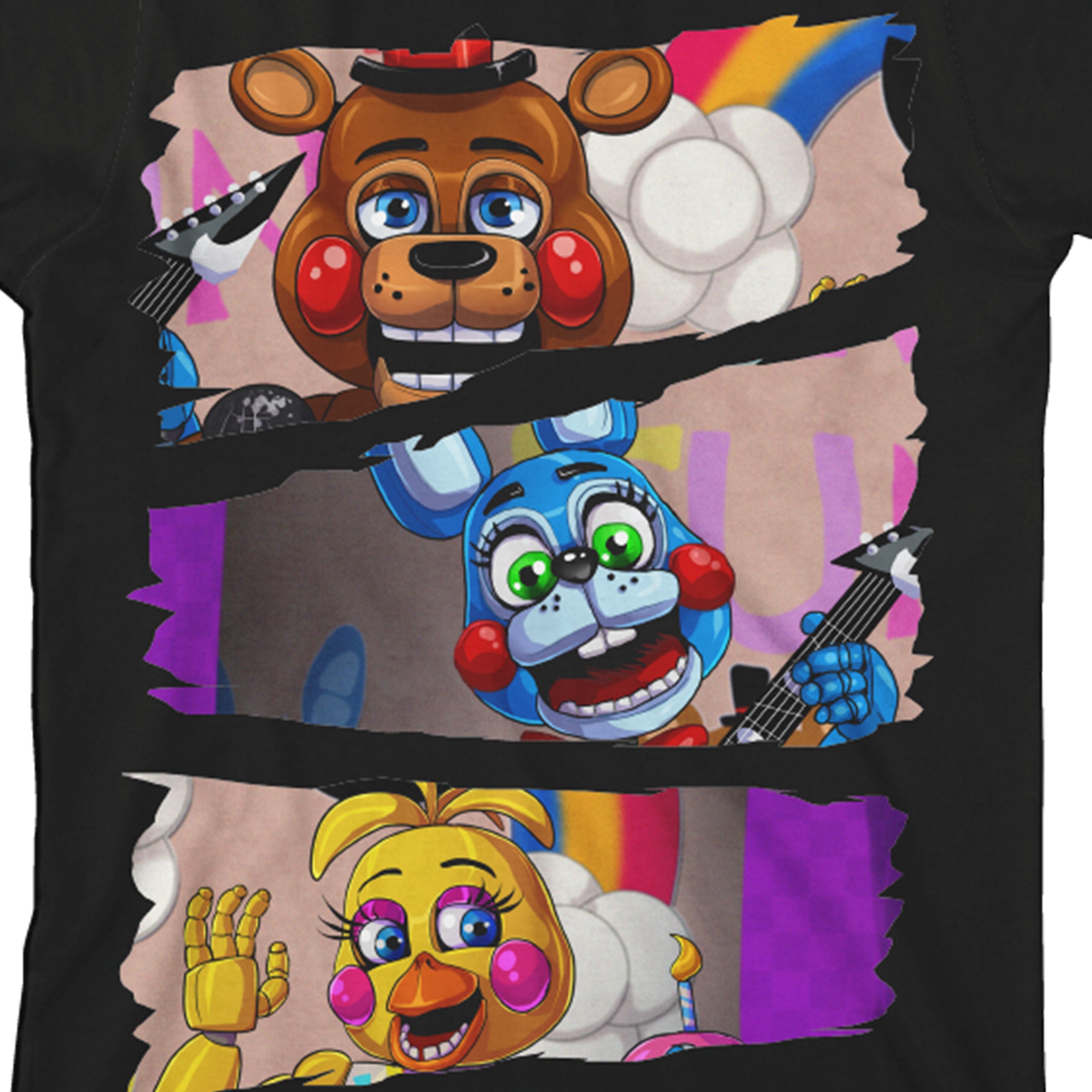 Five Nights at Freddy's Characters in Stacked Design Youth Black Short Sleeve Crew Neck Tee