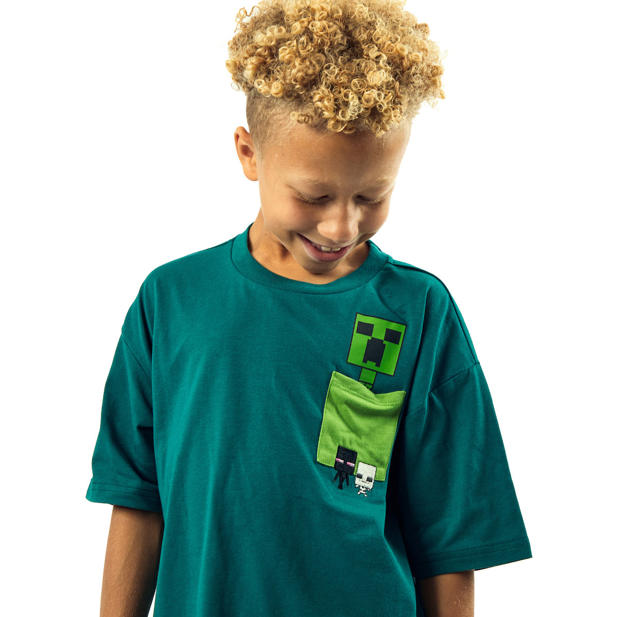 Minecraft Creeper Pocket Crew Neck Short Sleeve Boy's Green Colorblock T-shirt