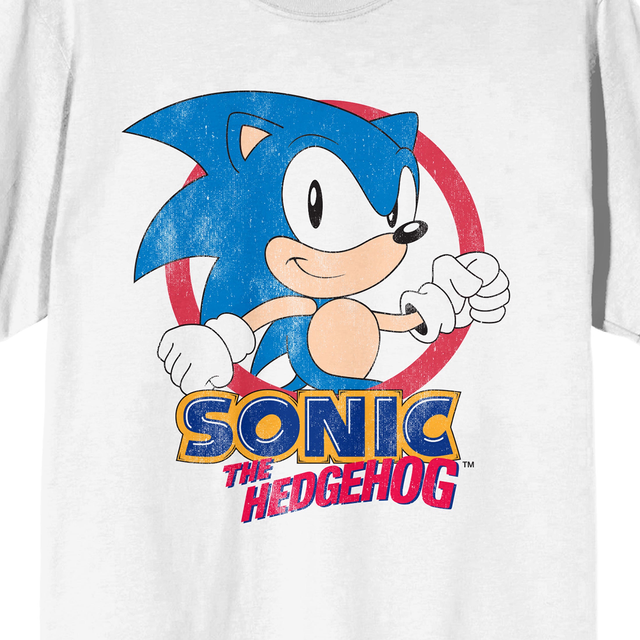 Sonic the Hedgehog Distressed Character In Red Circle Crew Neck Short Sleeve Women's White T-shirt