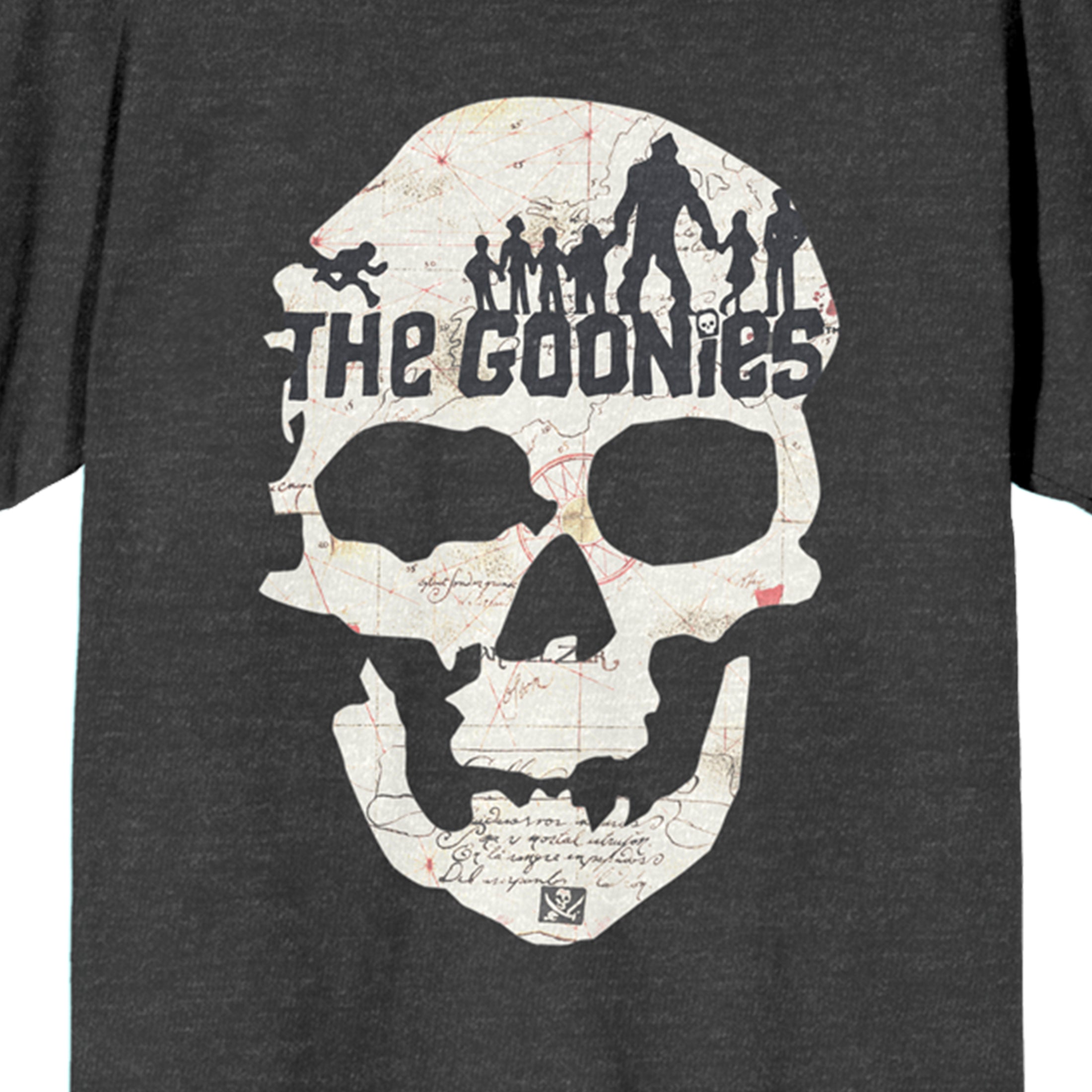 The Goonies Skull Art With Title Logo Women's Charcoal Gray Heather Graphic Tee