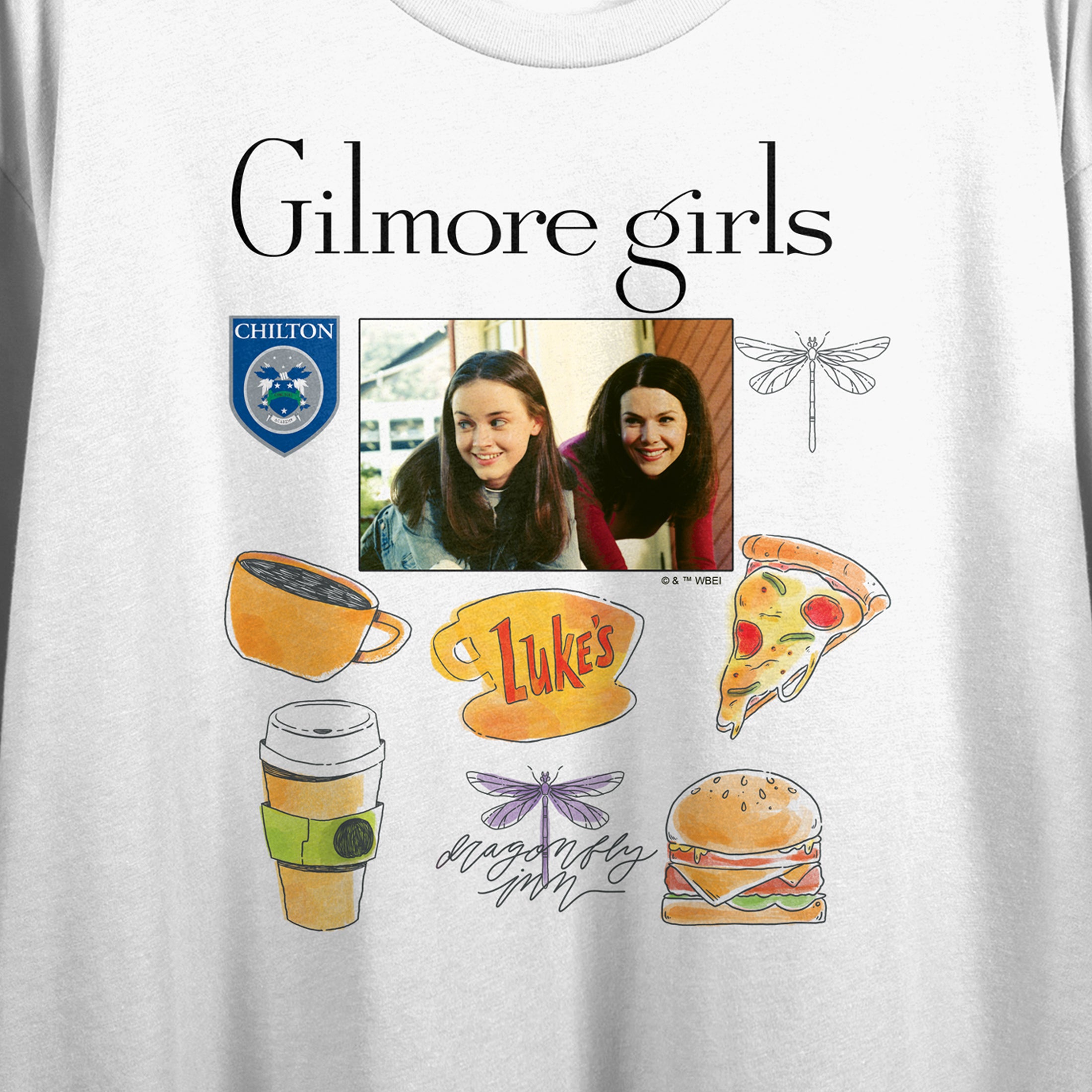 Gilmore Girls Lorelai & Rory Screenshot & Icons Crew Neck Short Sleeve Women's White Crop Top