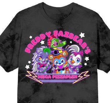 Five Nights At Freddy's Mega PizzaPlex Chibi Group Shot Women's Black Mineral Wash Crew Neck Short Sleeve T-shirt