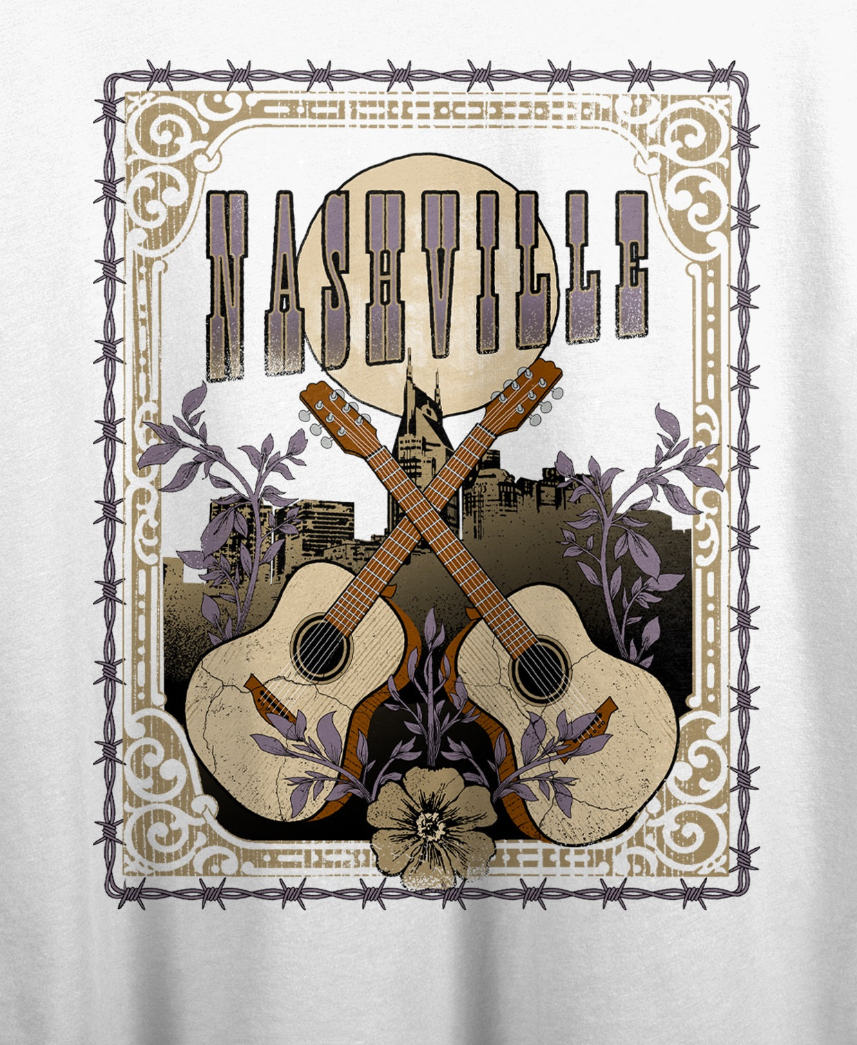 Vintage Country Nashville Guitars Crew Neck Short Sleeve Women's White Crop T-shirt