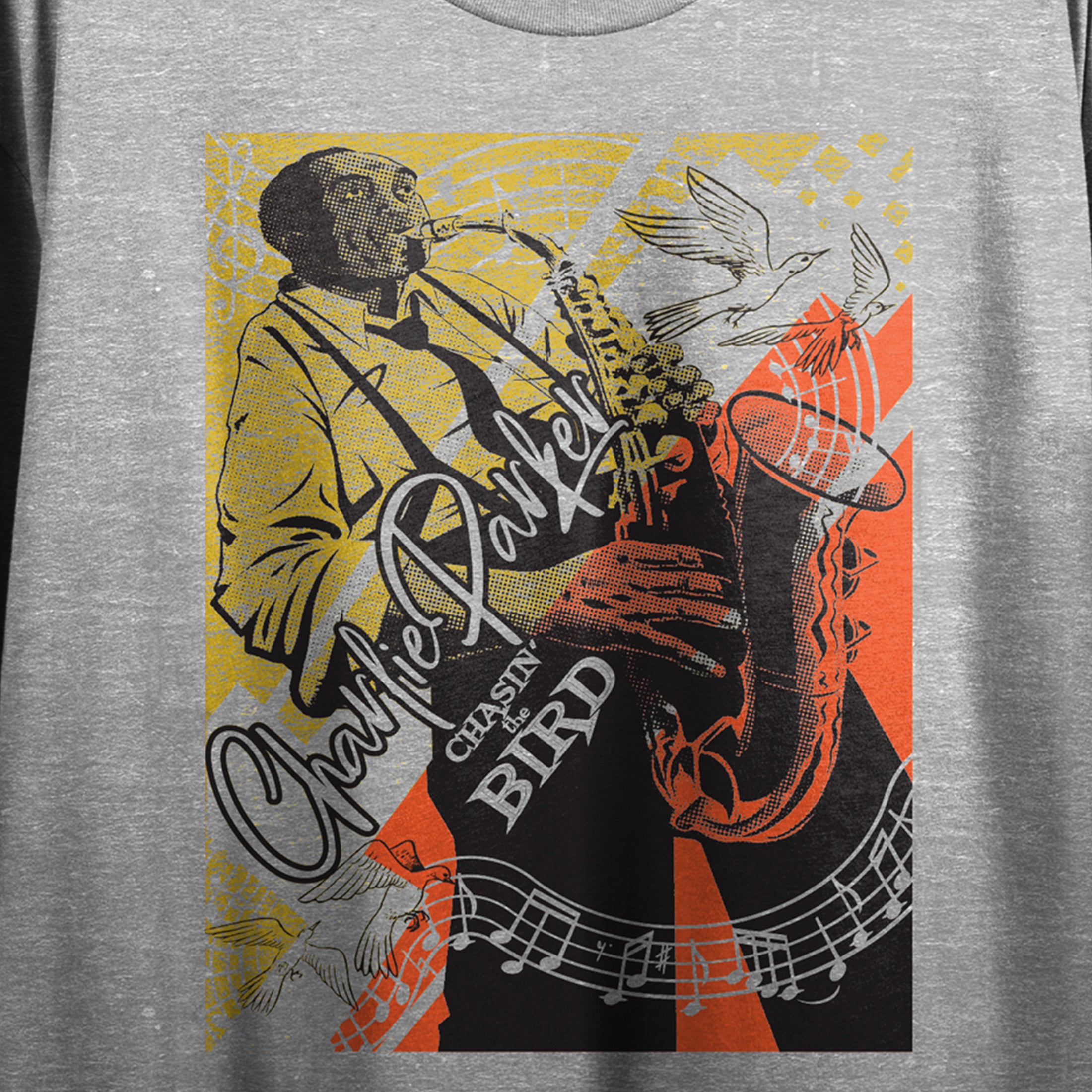 Charlie Parker Music Notes Poster Art Crew Neck Short Sleeve Gray Heather Women's Crop Top