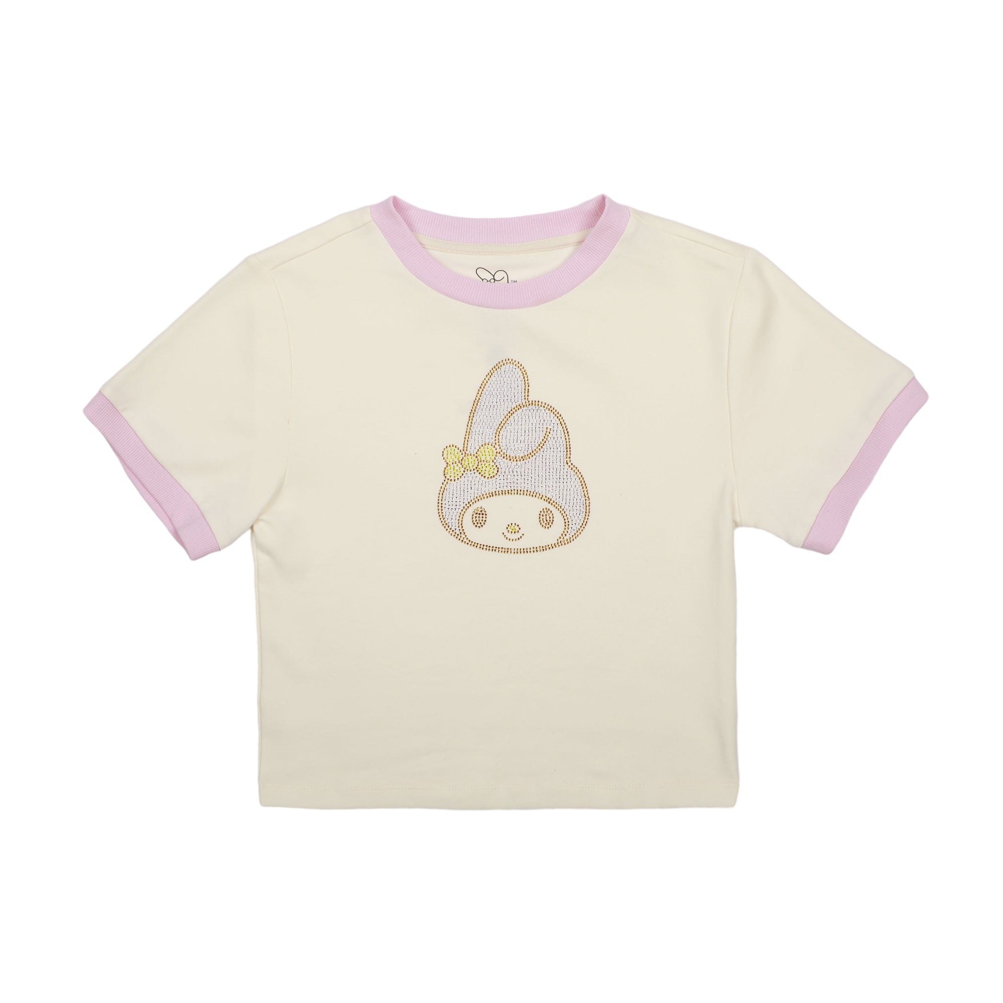 My Melody Character Face Rhinestone Chest Art Crew Neck Short Sleeve Women's White Crop Baby Tee