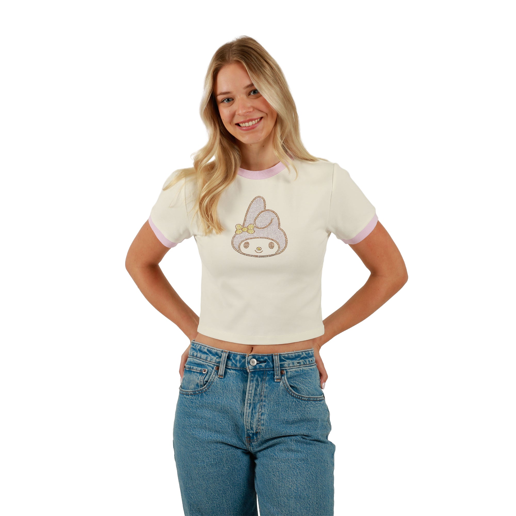 My Melody Character Face Rhinestone Chest Art Crew Neck Short Sleeve Women's White Crop Baby Tee