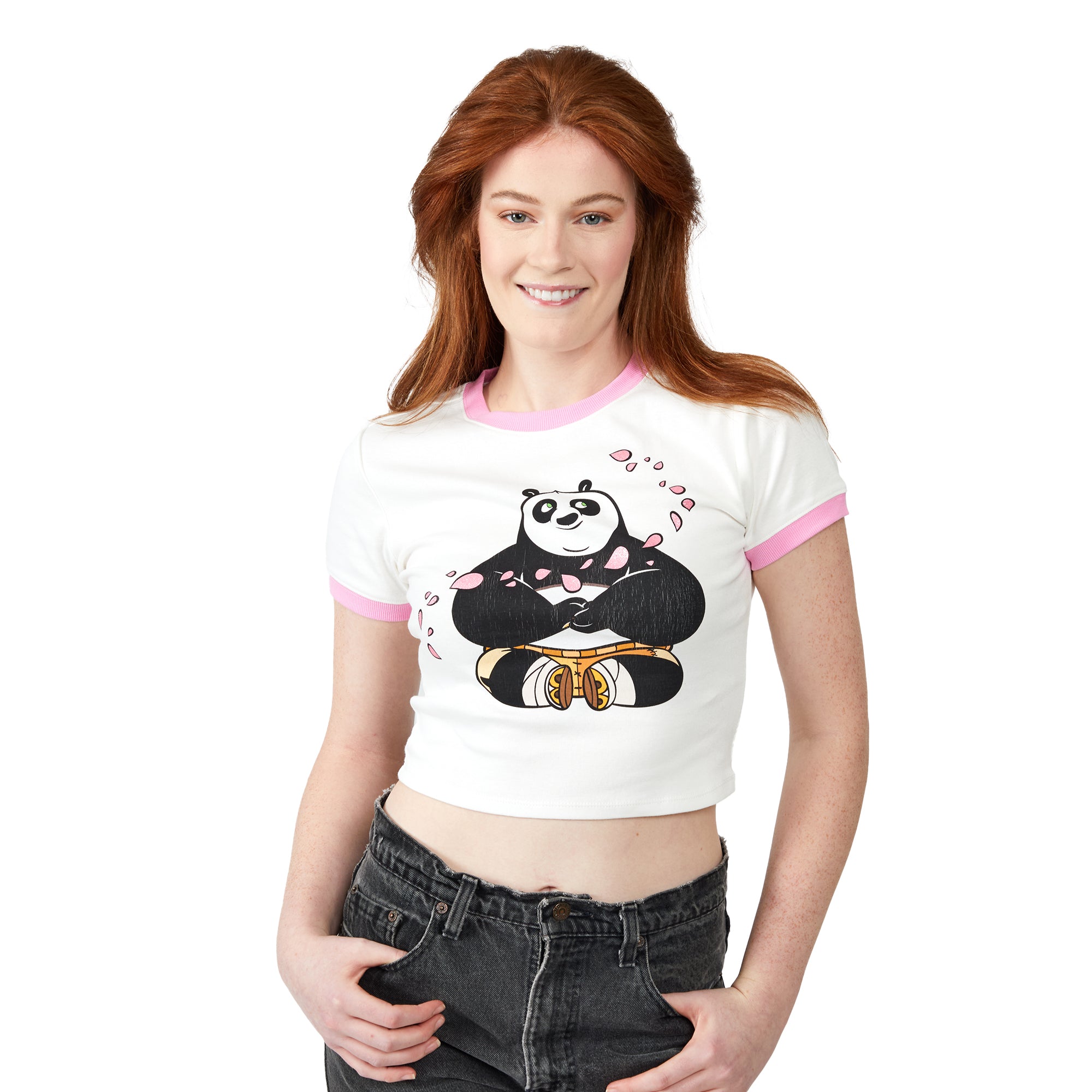Kung Fu Panda Po Flower Petals Crew Neck Short Sleeve Women's White Baby Tee