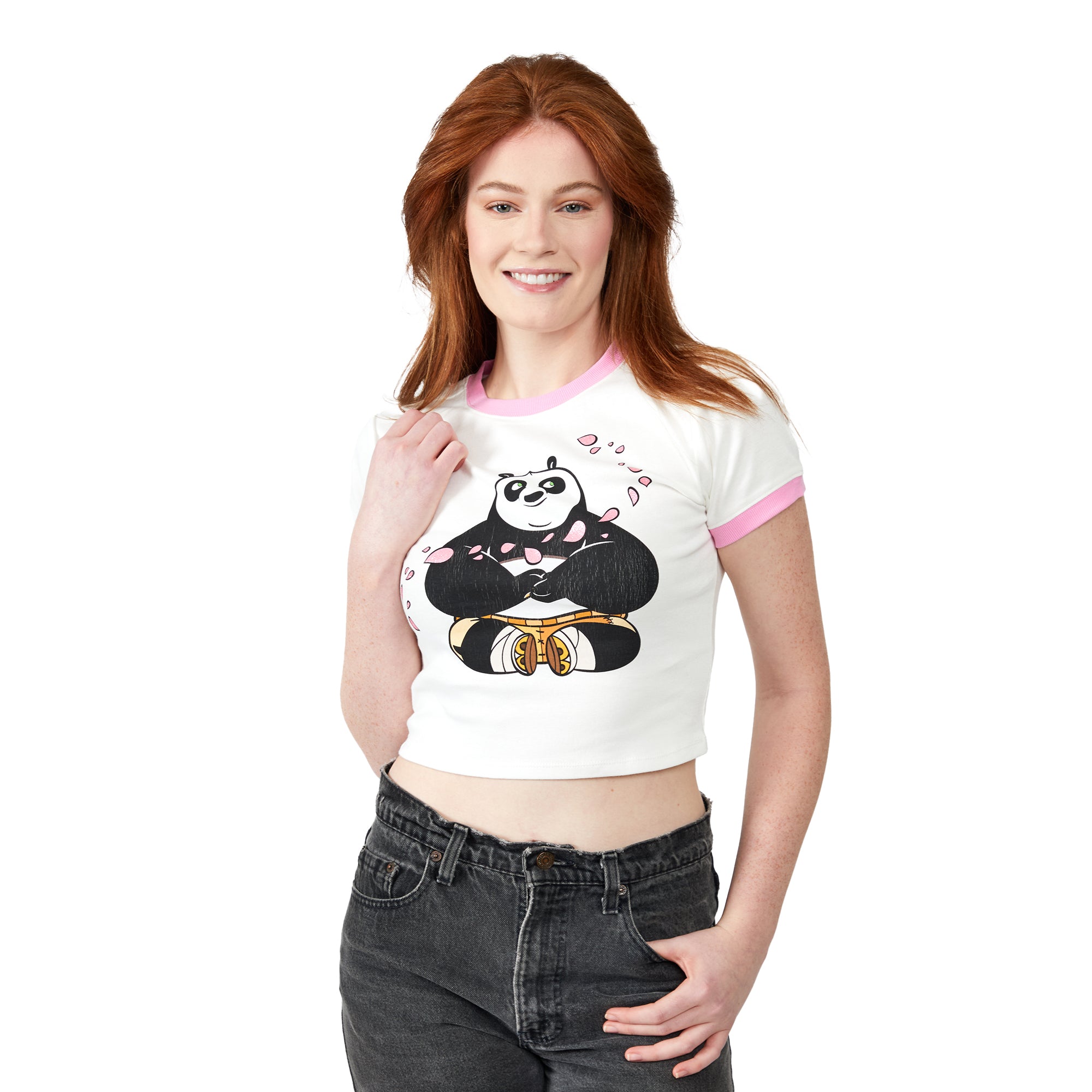 Kung Fu Panda Po Flower Petals Crew Neck Short Sleeve Women's White Baby Tee