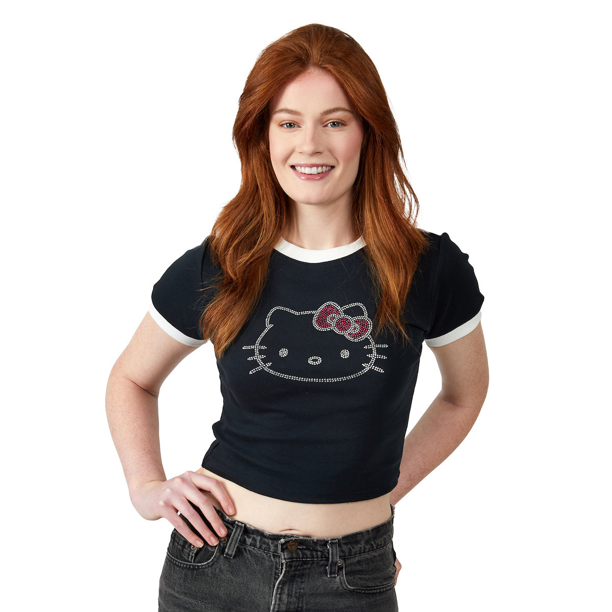 Hello Kitty Character Face Outline Crew Neck Short Sleeve Women's Black Crop Top Baby Tee