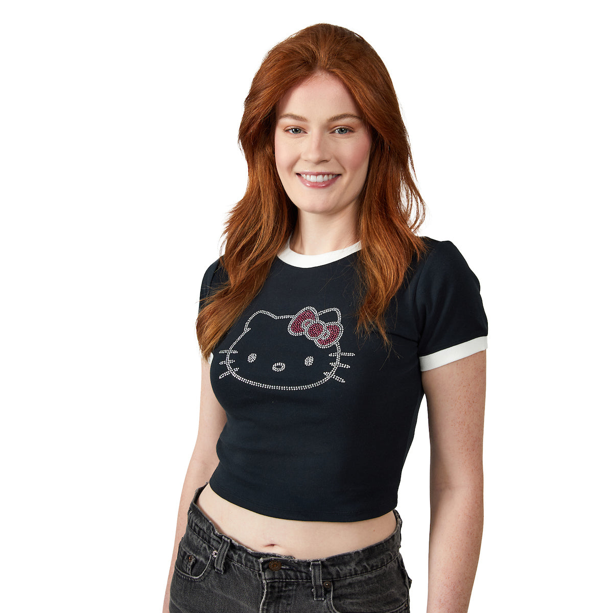 Hello Kitty Character Face Outline Crew Neck Short Sleeve Women's Black Crop Top Baby Tee