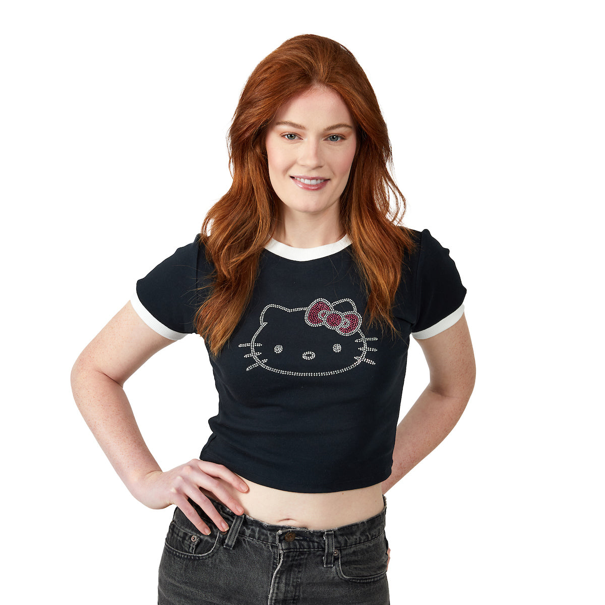 Hello Kitty Character Face Outline Crew Neck Short Sleeve Women's Black Crop Top Baby Tee