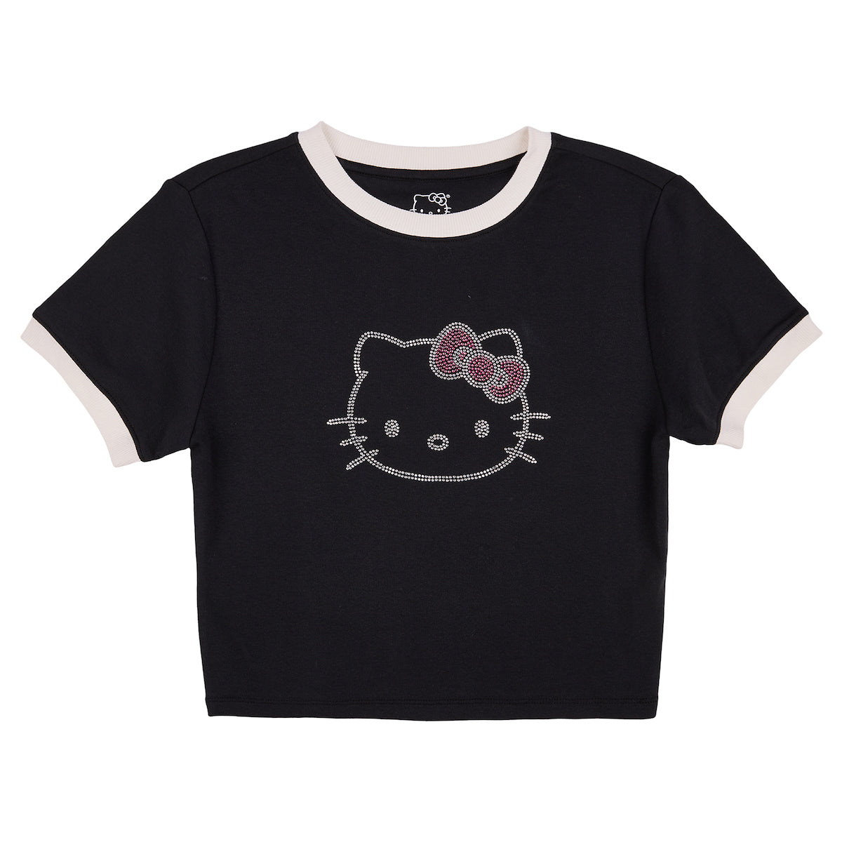 Hello Kitty Character Face Outline Crew Neck Short Sleeve Women's Black Crop Top Baby Tee