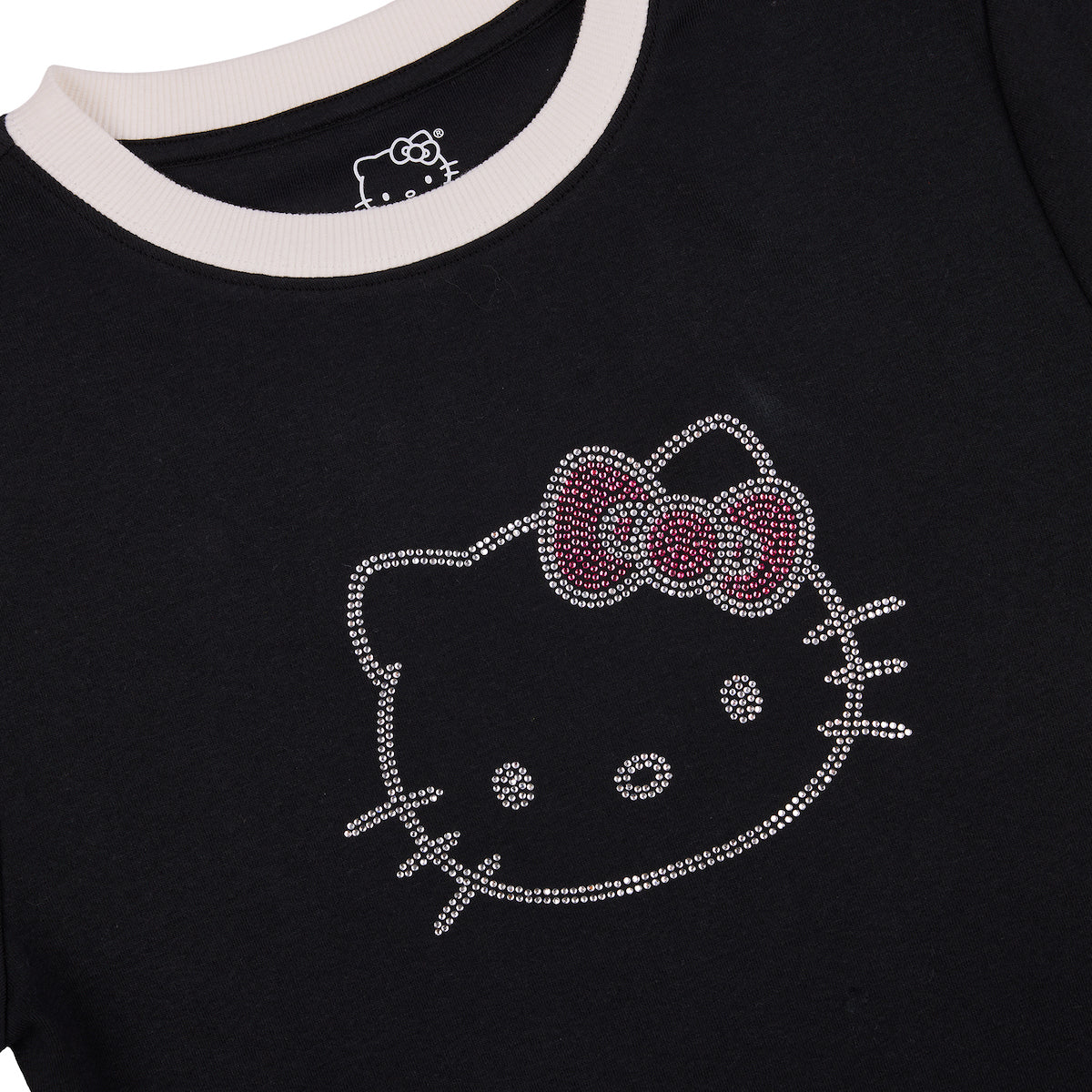 Hello Kitty Character Face Outline Crew Neck Short Sleeve Women's Black Crop Top Baby Tee