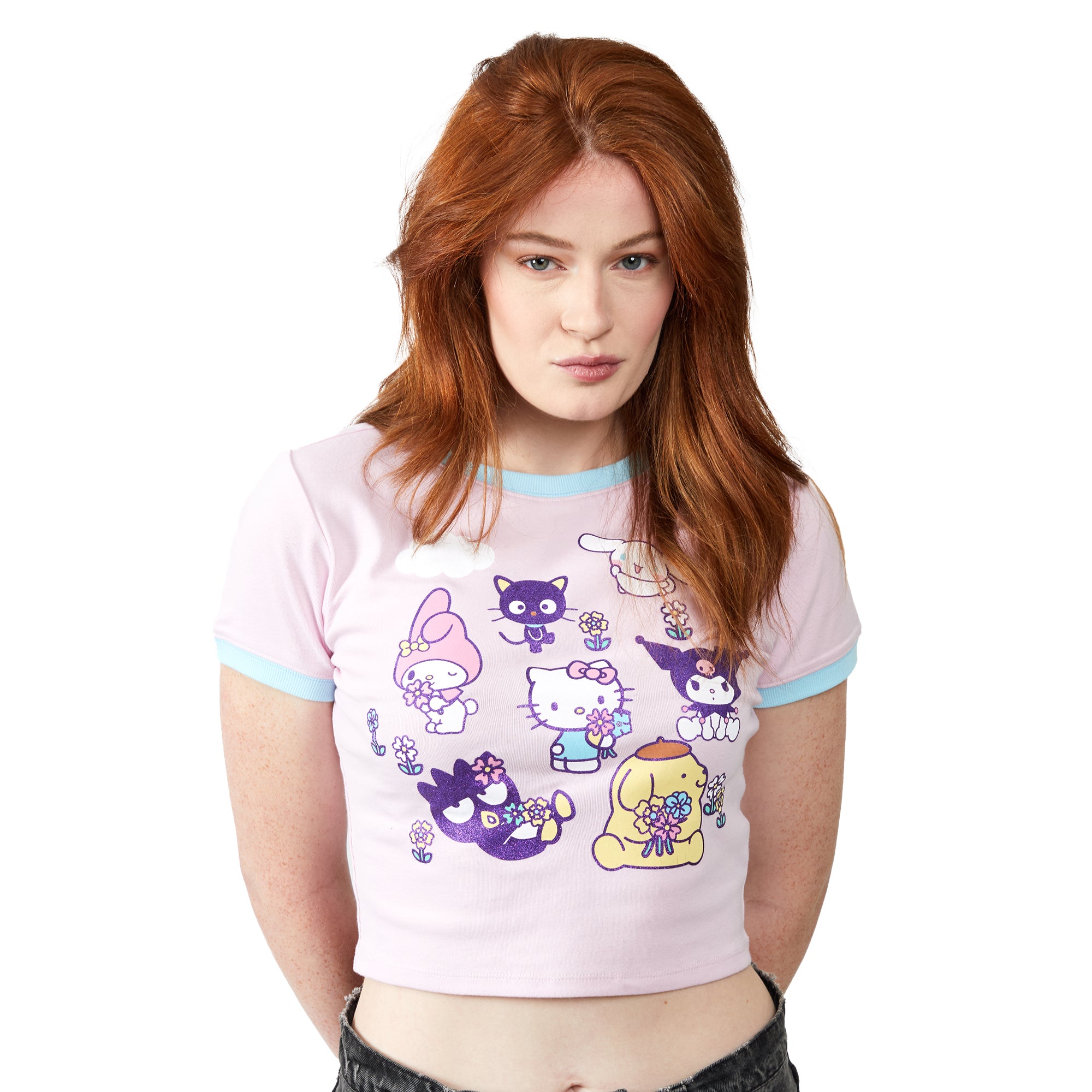 Hello Kitty & Friends Smell The Flowers Glitter Print Crew Neck Short Sleeve Pink Women's Crop TopTee