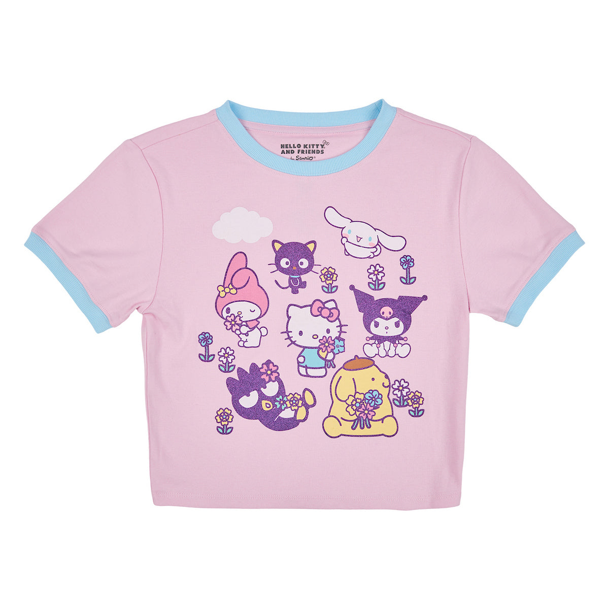 Hello Kitty & Friends Smell The Flowers Glitter Print Crew Neck Short Sleeve Pink Women's Crop TopTee