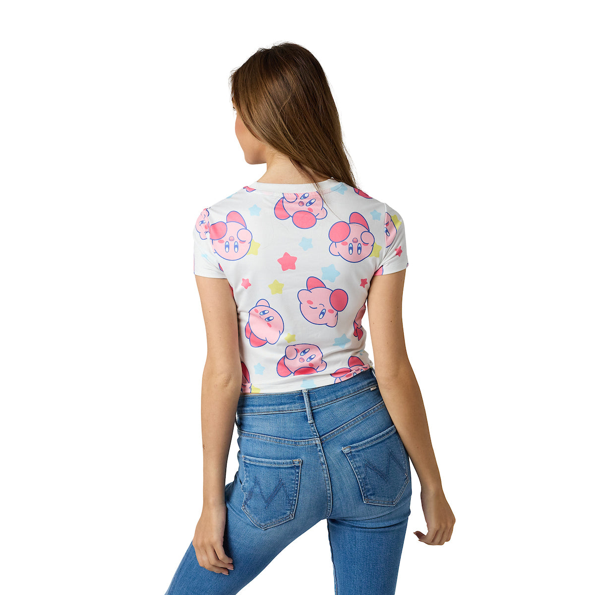Kirby Character & Stars All-Over Print Women's White Crew Neck Short Sleeve Baby Tee