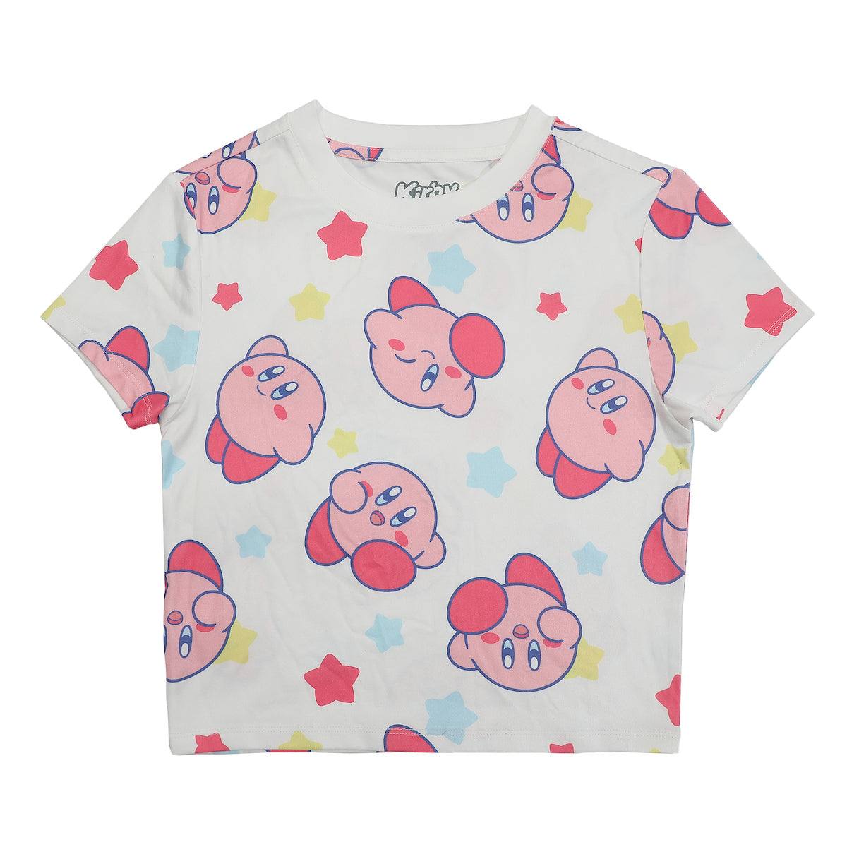 Kirby Character & Stars All-Over Print Women's White Crew Neck Short Sleeve Baby Tee