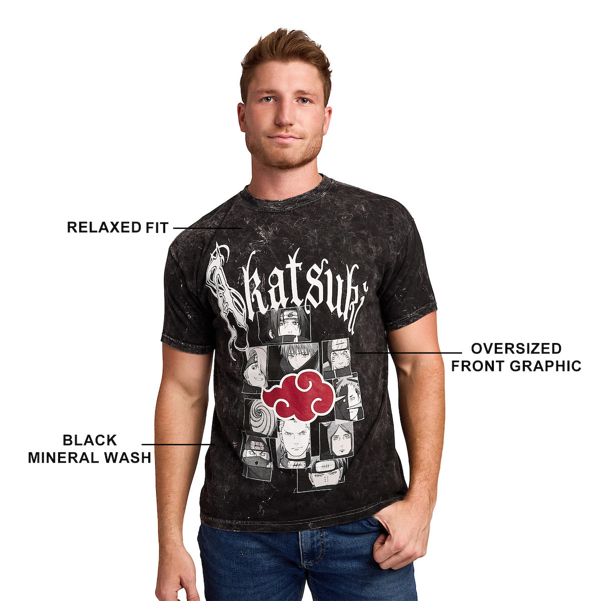 Naruto Shippuden Akatsuki Women's Black Mineral Wash Oversized Crew Neck Short Sleeve T-shirt