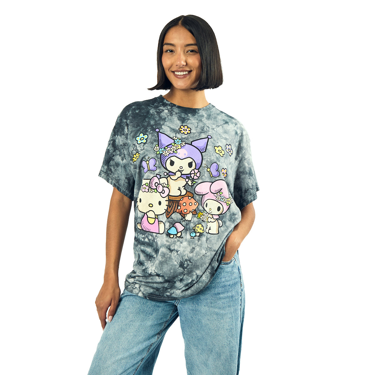 Kuromi, My Melody and Hello Kitty Puff Print Mushroom Scene Women's Black Cloud Wash Crew Neck Short Sleeve T-shirt