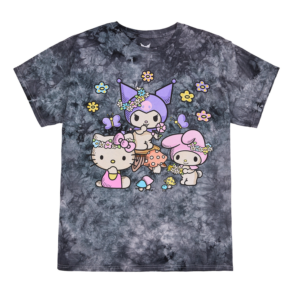 Kuromi, My Melody and Hello Kitty Puff Print Mushroom Scene Women's Black Cloud Wash Crew Neck Short Sleeve T-shirt