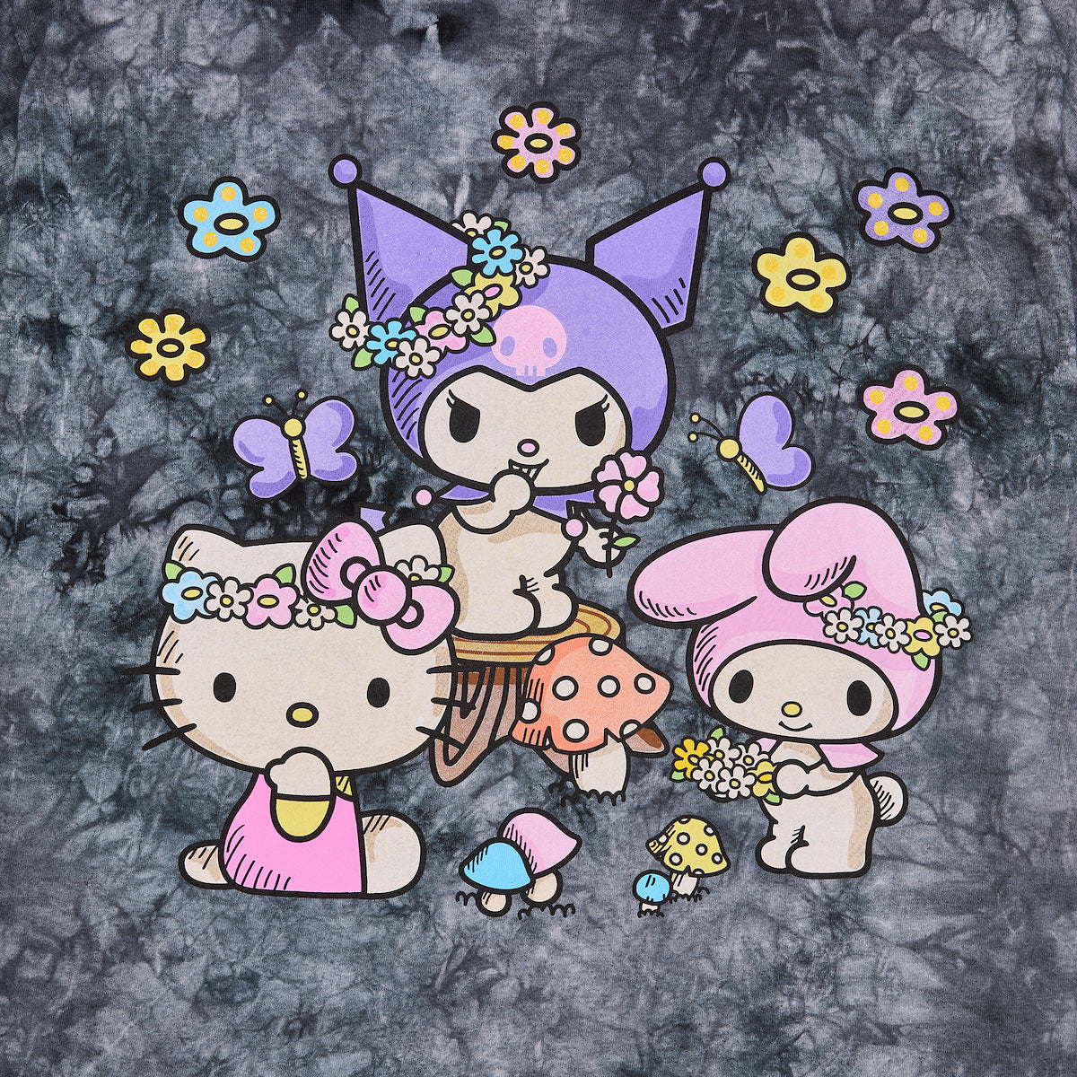 Kuromi, My Melody and Hello Kitty Puff Print Mushroom Scene Women's Black Cloud Wash Crew Neck Short Sleeve T-shirt