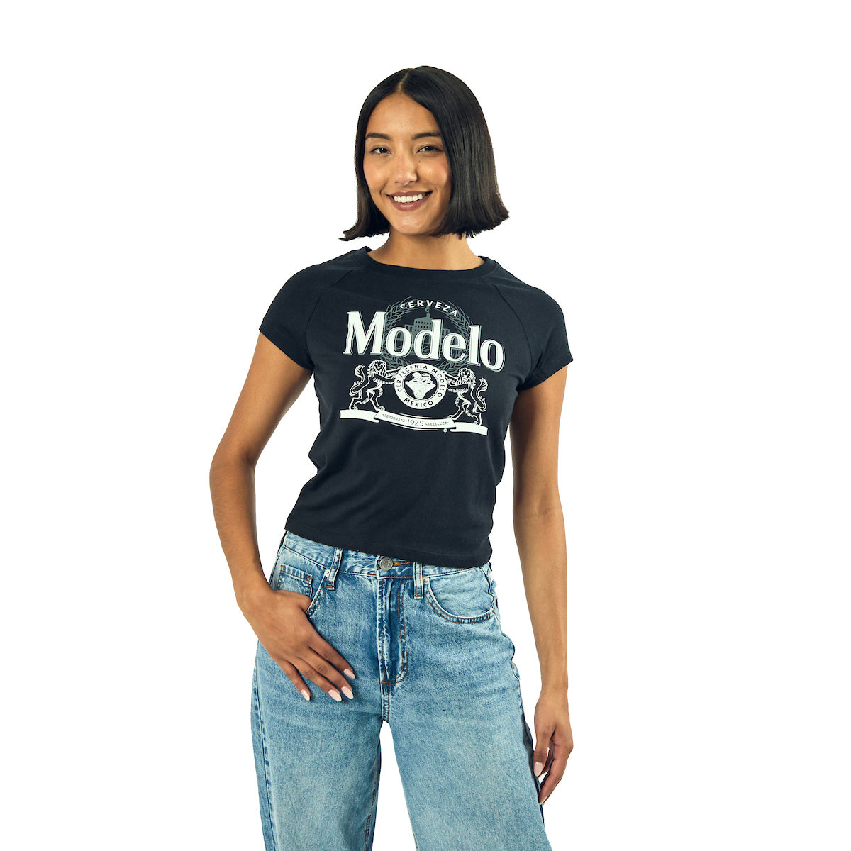 Modelo Logo Women's Black Crew Neck Short Sleeve Baby Raglan Tee