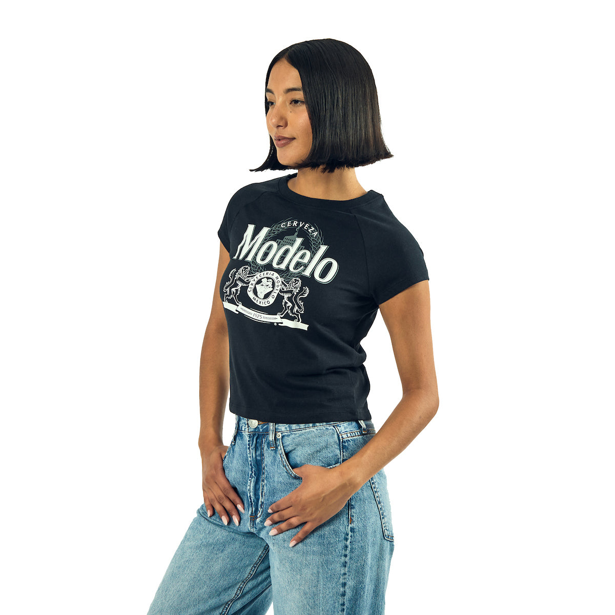 Modelo Logo Women's Black Crew Neck Short Sleeve Baby Raglan Tee