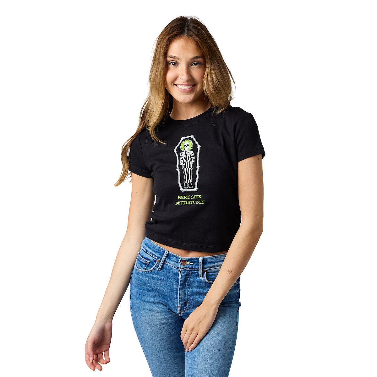Beetlejuice Here Lies Betelgeuse Women's Black Crew Neck Short Sleeve 18" Baby Tee