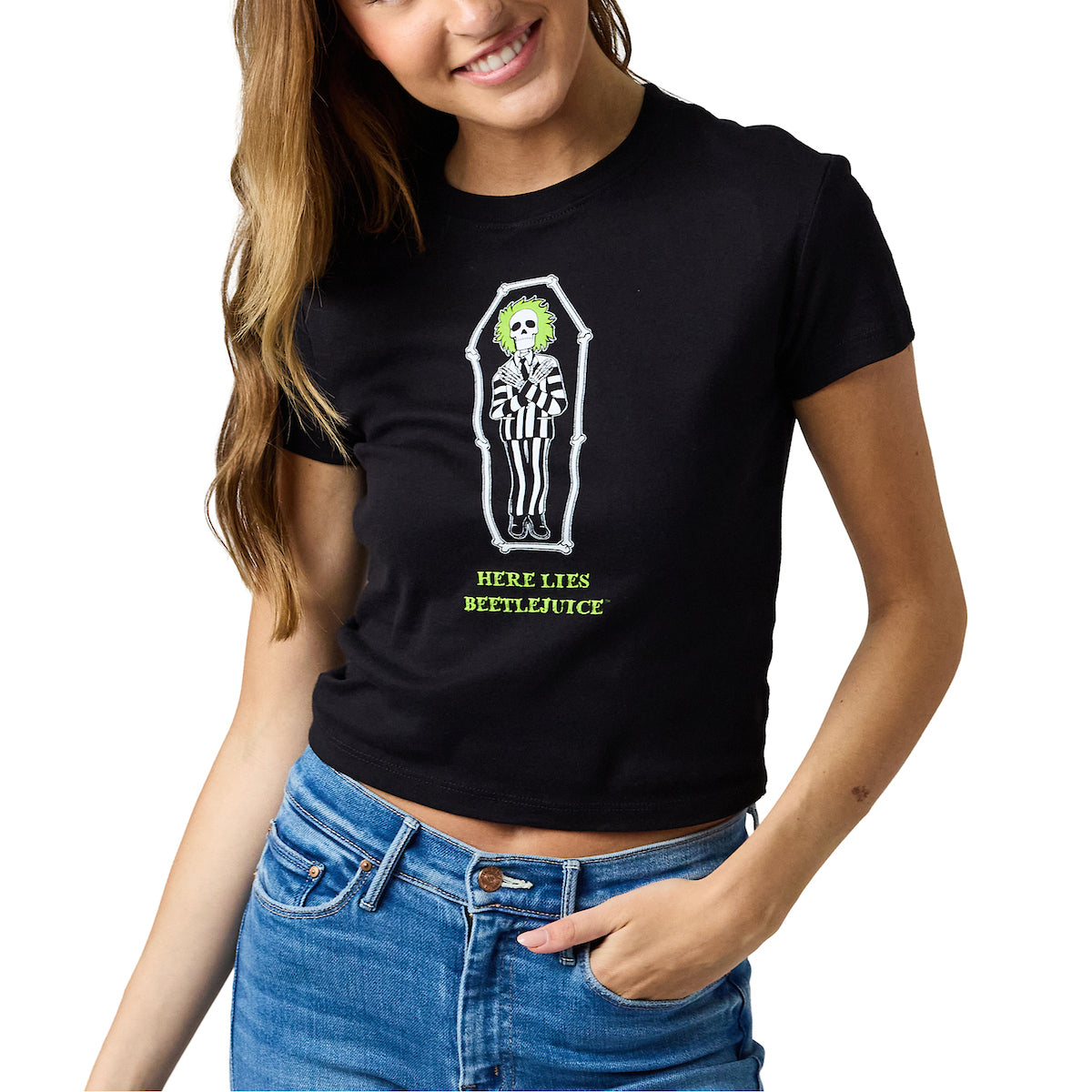 Beetlejuice Here Lies Betelgeuse Women's Black Crew Neck Short Sleeve 18" Baby Tee